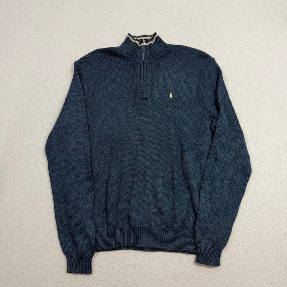 Polo Ralph Lauren Sweater Mens XL Blue Quarter Zip Cotton Ribbed Pullover Pony